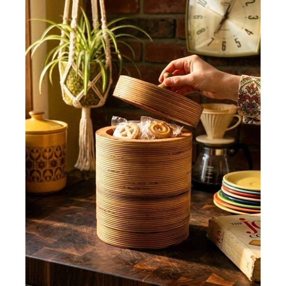 Vintage Coiled Rattan Wood Canister Lid Boho MCM Bamboo Bucket/Container